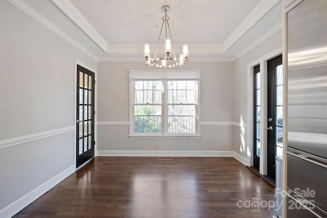 interior space featuring crown molding, dark hardwood / wood-style floors, a notable chandelier, wooden ceiling, and a raised ceiling