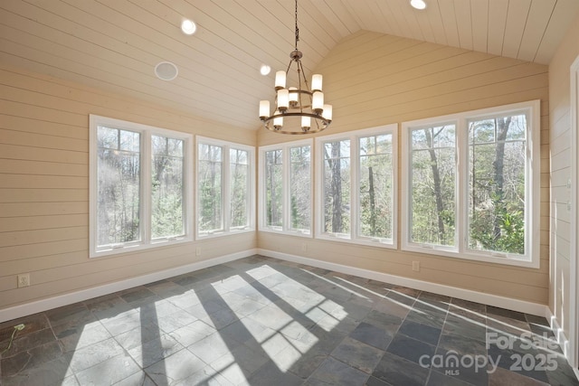 unfurnished sunroom with an inviting chandelier, vaulted ceiling, and wooden ceiling