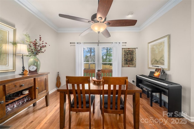 dining room featuring crown molding, ceiling fan, and light wood-type flooring