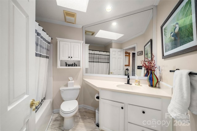 full bathroom featuring a skylight, shower / bath combo, toilet, vanity, and ornamental molding