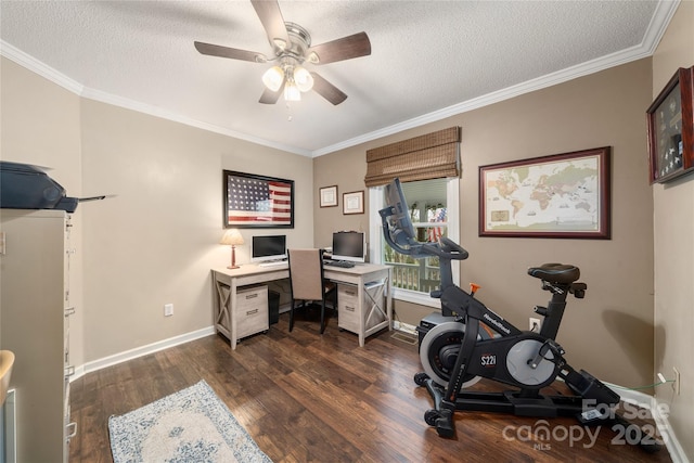 home office with crown molding, ceiling fan, dark hardwood / wood-style flooring, and a textured ceiling