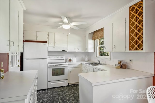 kitchen featuring ceiling fan, white appliances, crown molding, white cabinets, and sink