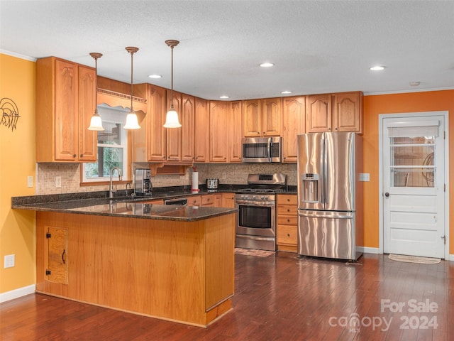 kitchen with kitchen peninsula, dark wood-type flooring, stainless steel appliances, and decorative light fixtures