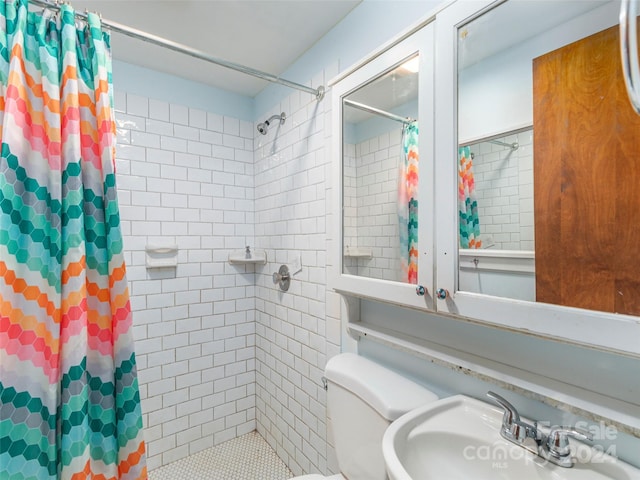 bathroom with toilet, sink, and a shower with shower curtain