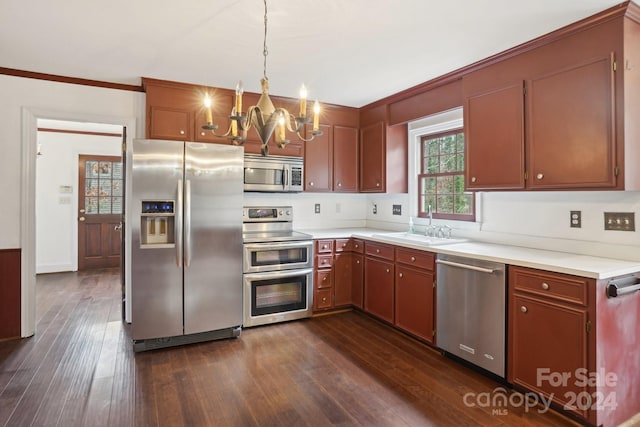 kitchen with stainless steel appliances, sink, decorative light fixtures, an inviting chandelier, and dark hardwood / wood-style floors