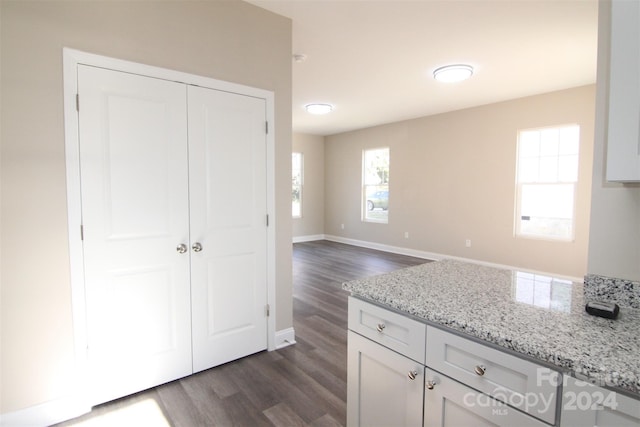 kitchen with white cabinetry, light stone counters, and dark hardwood / wood-style floors