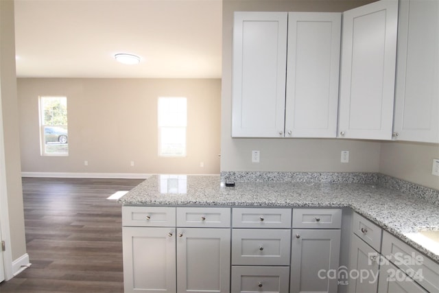 kitchen with dark hardwood / wood-style floors, light stone counters, and white cabinetry