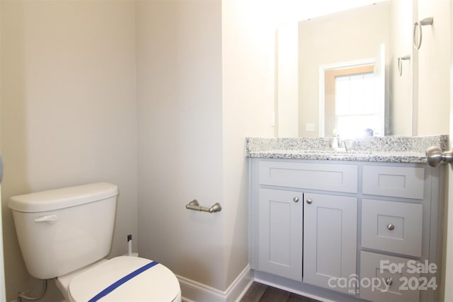 bathroom featuring wood-type flooring, vanity, and toilet