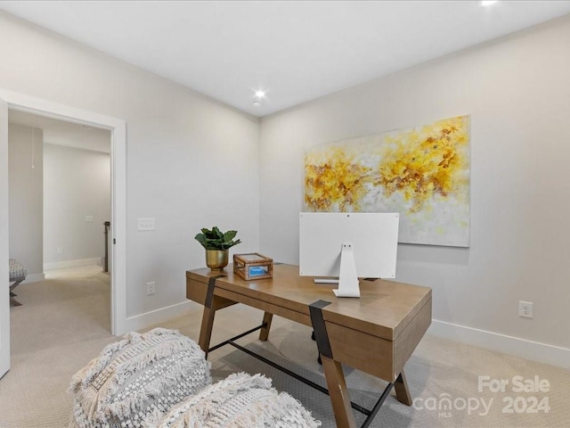 office area featuring light colored carpet