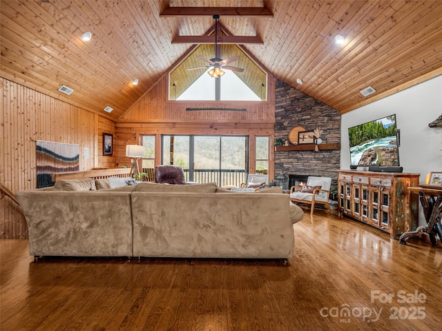 living room with hardwood / wood-style flooring, ceiling fan, wooden ceiling, and high vaulted ceiling