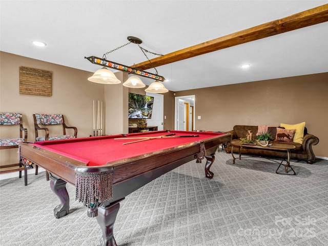 playroom featuring carpet flooring, beam ceiling, and pool table