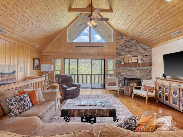 living room featuring wood ceiling, high vaulted ceiling, wood-type flooring, ceiling fan, and a stone fireplace