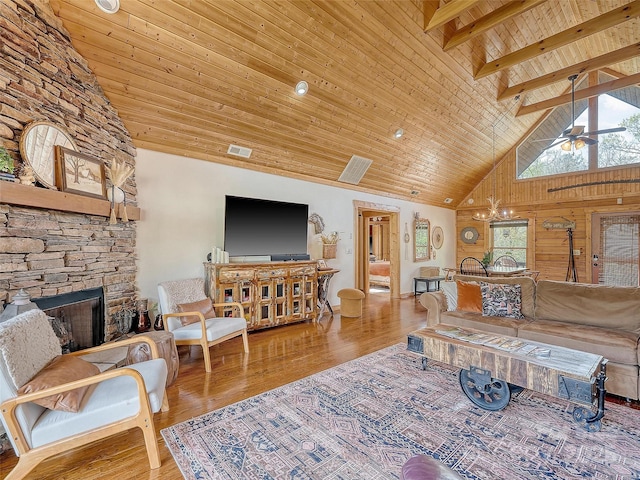 living area featuring high vaulted ceiling, wood ceiling, a fireplace, wood finished floors, and a ceiling fan