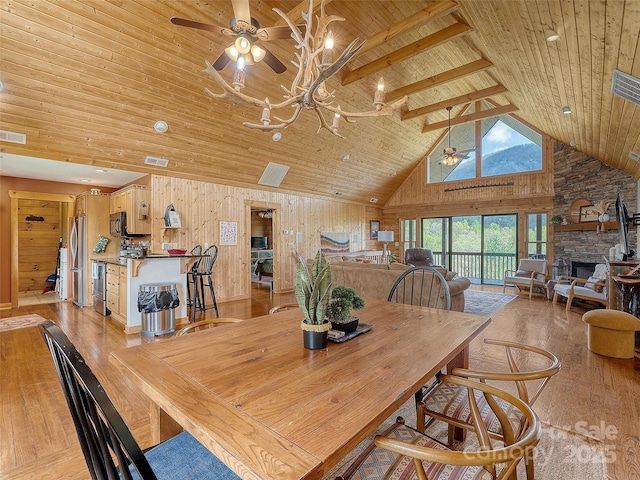 dining area with wood ceiling, high vaulted ceiling, light wood finished floors, ceiling fan, and a fireplace