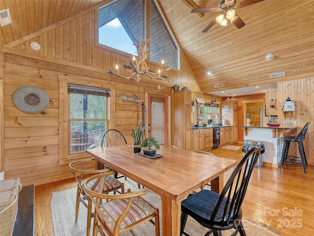dining room with wood walls, light wood-type flooring, high vaulted ceiling, a chandelier, and wood ceiling