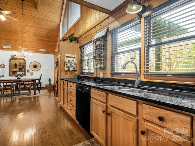 kitchen featuring dishwasher, a sink, a chandelier, wood walls, and dark stone counters