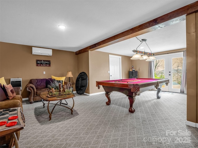 recreation room featuring a wall mounted air conditioner, beamed ceiling, and carpet floors