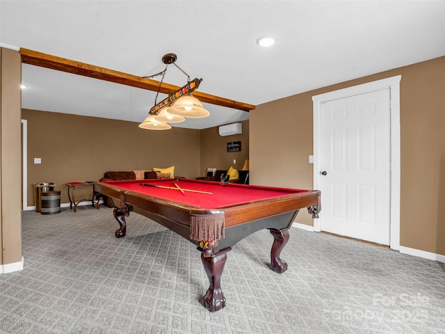 recreation room featuring baseboards, a wall mounted AC, billiards, and carpet