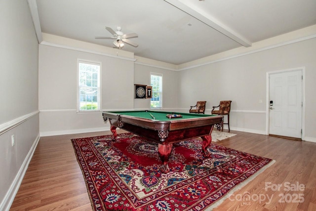 rec room with beam ceiling, ceiling fan, hardwood / wood-style floors, and pool table