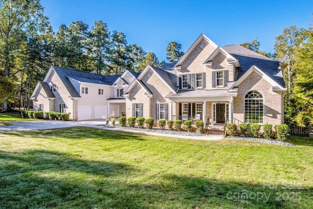 view of front of house with a porch, a garage, and a front yard