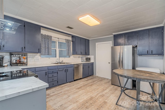 kitchen with decorative backsplash, appliances with stainless steel finishes, light wood-type flooring, crown molding, and sink