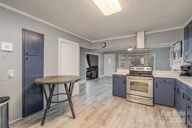 kitchen featuring crown molding, electric range, ceiling fan, light hardwood / wood-style floors, and island exhaust hood