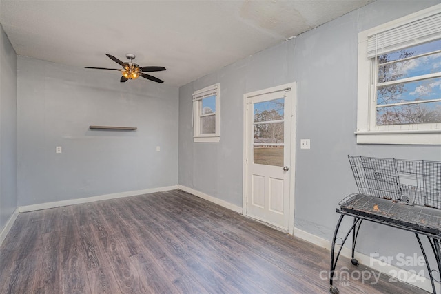 foyer with ceiling fan and dark wood-type flooring