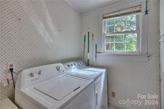 clothes washing area with washing machine and dryer and crown molding