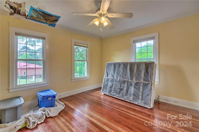 unfurnished room featuring hardwood / wood-style floors, ceiling fan, and ornamental molding