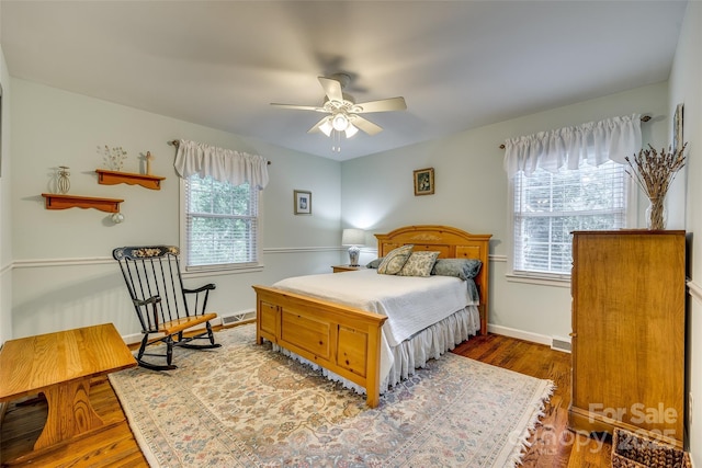 bedroom with ceiling fan and wood-type flooring