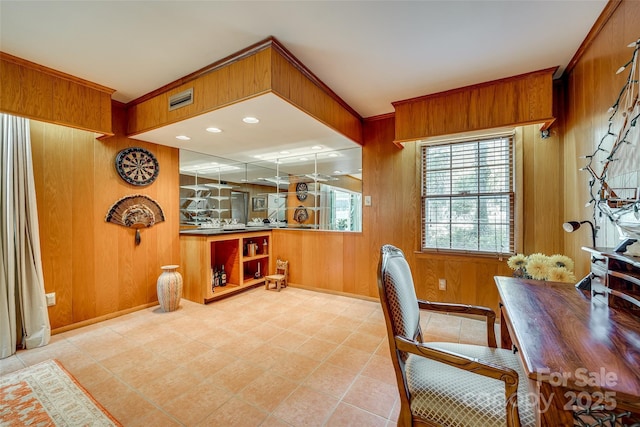 tiled office featuring wooden walls