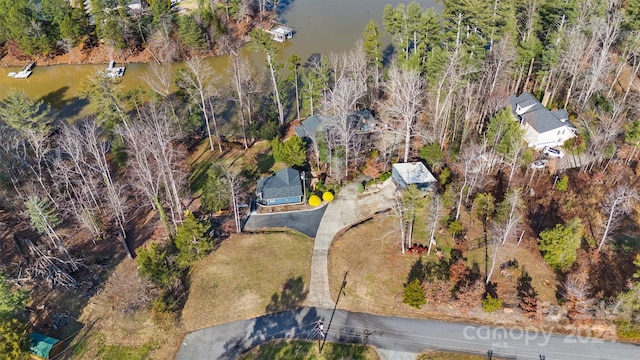 drone / aerial view featuring a water view