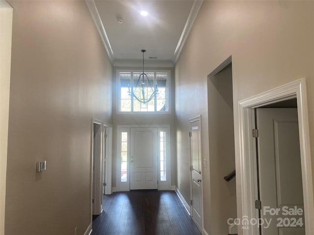 entryway with a notable chandelier, dark hardwood / wood-style floors, a towering ceiling, and ornamental molding