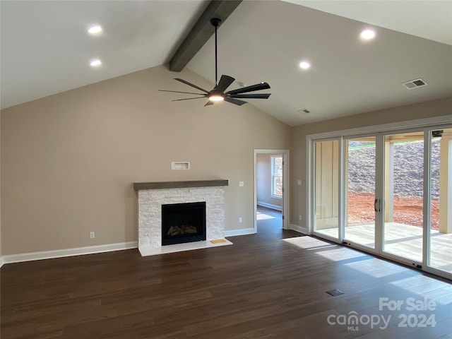 unfurnished living room featuring ceiling fan, beamed ceiling, high vaulted ceiling, dark hardwood / wood-style floors, and a fireplace