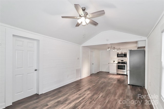 unfurnished living room featuring crown molding, ceiling fan, lofted ceiling, and dark hardwood / wood-style flooring