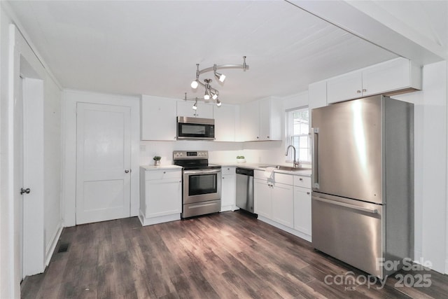 kitchen featuring white cabinetry, appliances with stainless steel finishes, and dark hardwood / wood-style flooring