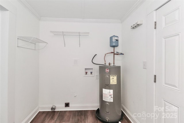 clothes washing area with crown molding, water heater, electric dryer hookup, hookup for a washing machine, and dark hardwood / wood-style floors