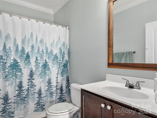 bathroom featuring vanity, toilet, and crown molding