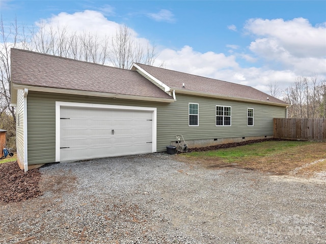 view of property exterior with crawl space, a shingled roof, fence, and gravel driveway