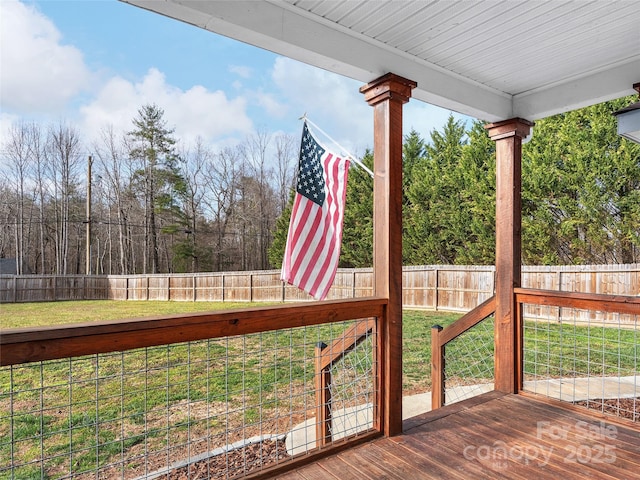 deck with a fenced backyard and a yard