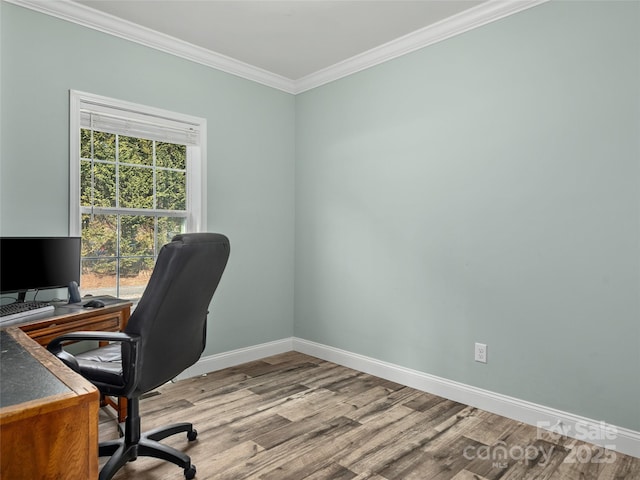 office featuring ornamental molding, light wood-style flooring, and baseboards