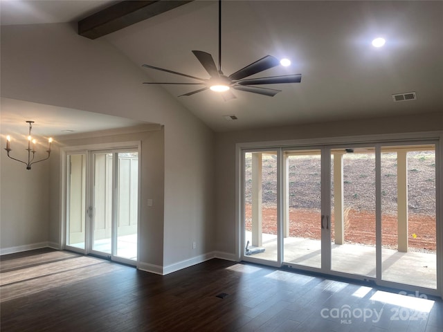 empty room with ceiling fan with notable chandelier, beam ceiling, wood-type flooring, and high vaulted ceiling