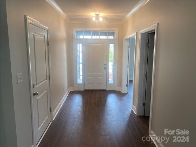 entrance foyer with dark wood-type flooring and ornamental molding