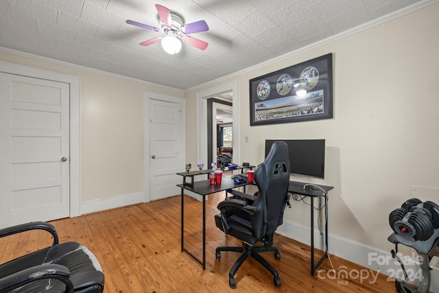 home office with light hardwood / wood-style flooring, ceiling fan, and ornamental molding