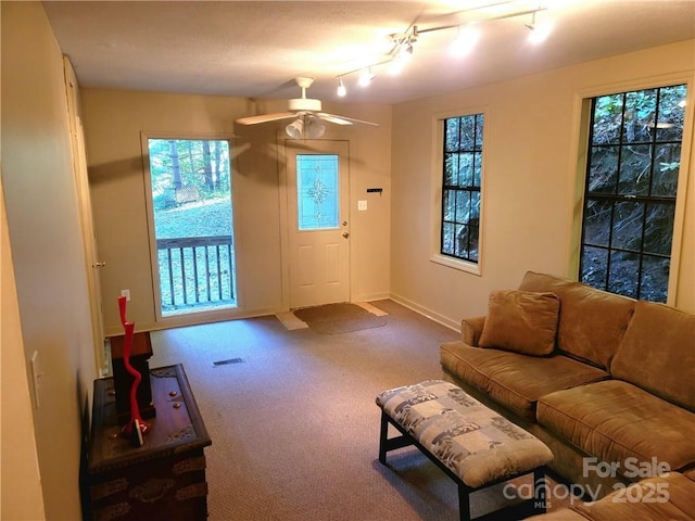 living room with carpet flooring, ceiling fan, and a wealth of natural light