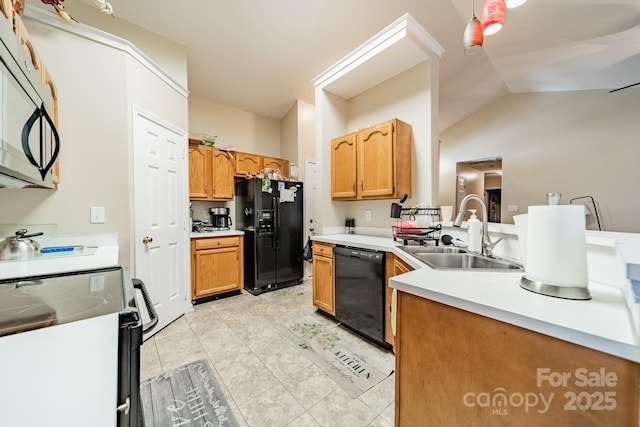 kitchen featuring lofted ceiling, sink, and black appliances