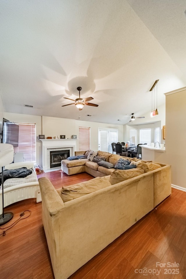 living room featuring hardwood / wood-style floors, a healthy amount of sunlight, and ceiling fan