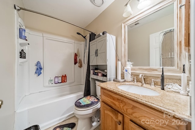 full bathroom with vanity, shower / tub combo with curtain, and toilet