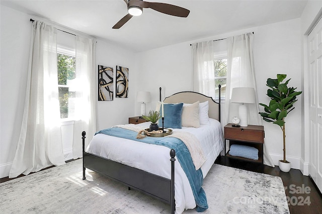 bedroom featuring ceiling fan and dark hardwood / wood-style flooring