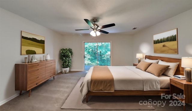 bedroom with carpet flooring, ceiling fan, and access to outside